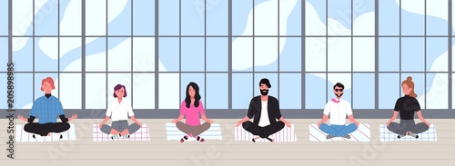 Office workers dressed in smart clothes sit with crossed legs and meditate against panoramic window on background. Business meditation and team building activity. Flat cartoon vector illustration.