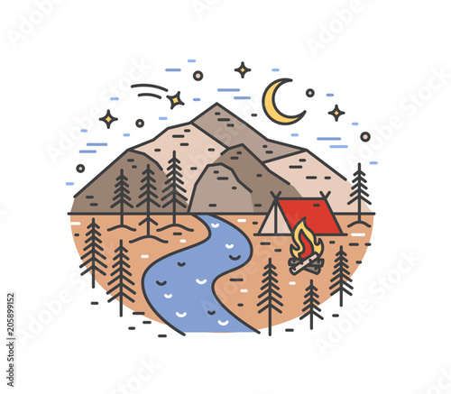 Landscape with tent and campfire in woods on river bank against beautiful mountains and night sky on background