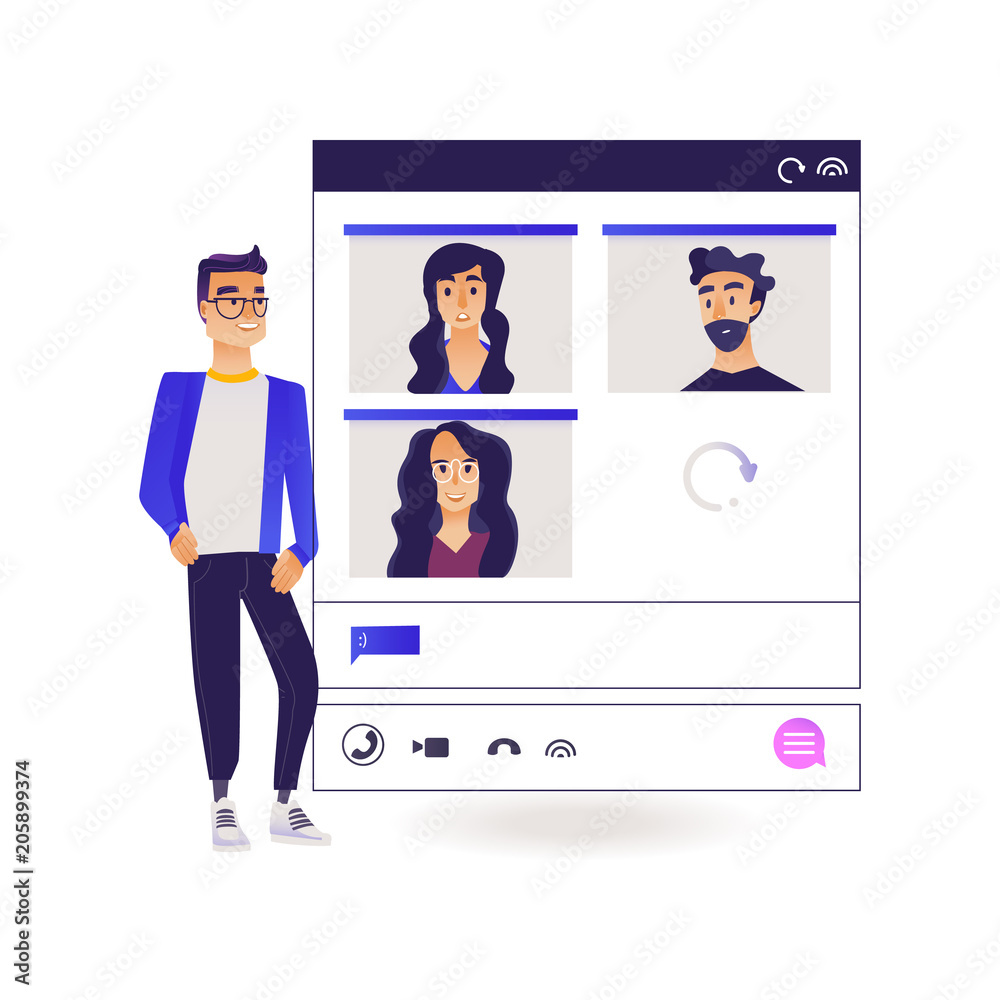 Video call chat conference with man using device screen to converse with  group of people isolated on white background - cartoon vector illustration  of online communication. Stock Vector | Adobe Stock