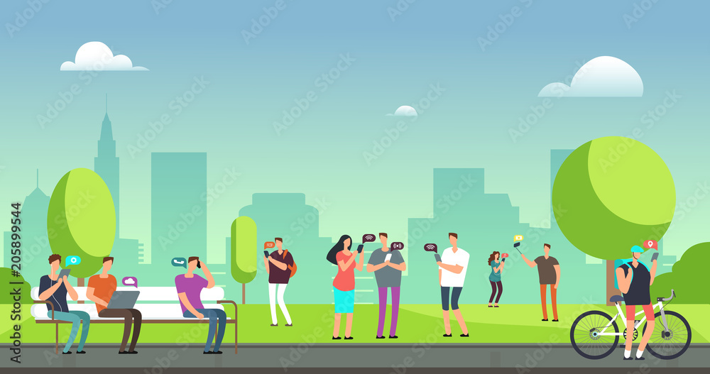 Fototapeta premium Young people using smartphones and tablets walking outdoors in park. Mobile internet addiction vector concept