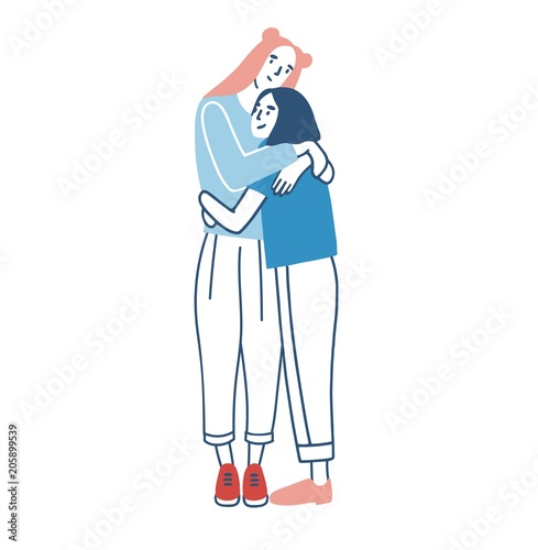 Young smiling women dressed in casual clothes standing and warmly hugging or cuddling. Female friends or sisters. Cute cartoon characters isolated on white background. Colored vector illustration.