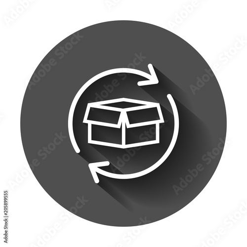 Box package return icon in flat style. Delivery box with arrow illustration with long shadow. Cargo shipping business concept.