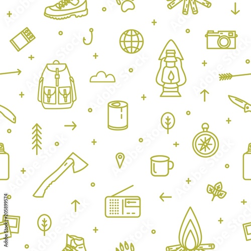 Seamless pattern with hiking and touristic equipment and tools for camping trip and travel drawn with green contour lines on white background. Monochrome vector illustration in trendy line art style.