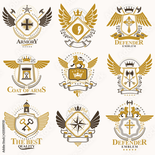 Collection of vector heraldic decorative coat of arms isolated on white and created using vintage design elements, monarch crowns, pentagonal stars, armory, wild animals.