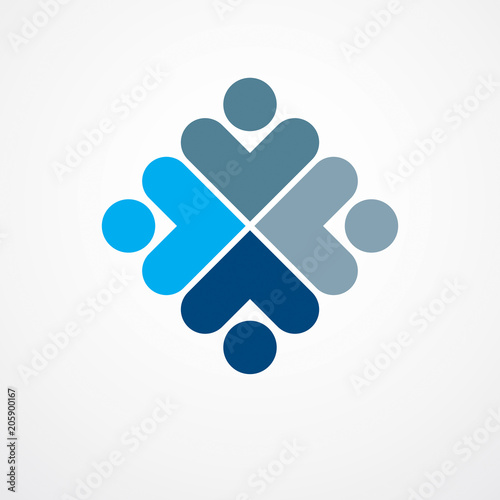 Teamwork and friendship concept created with simple geometric elements as a people crew. Vector icon or logo. Unity and collaboration idea, dream team of business people blue design.