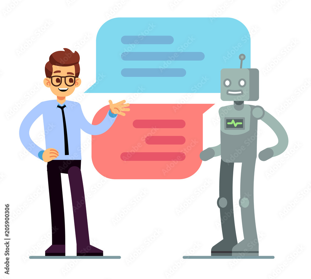 Man chatting and asking for help bot. Chatbot vector concept Man chatting and asking for help bot. Chatbot vector concept