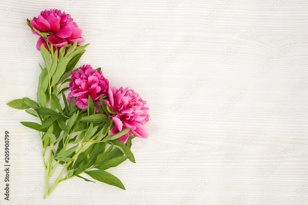 Fototapeta premium Peonies flowers on wooden background