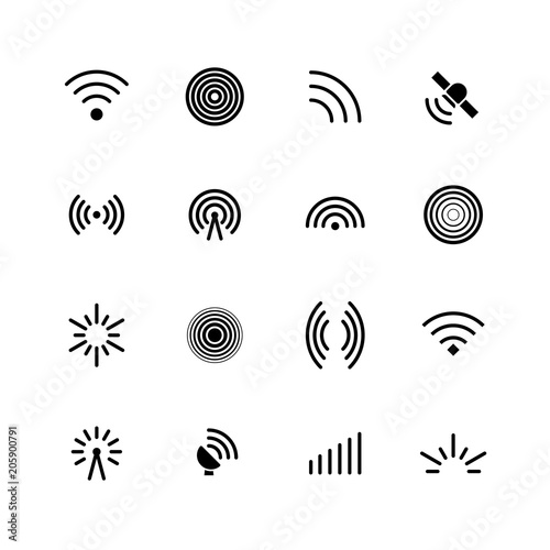 Wireless wifi and radio signals icons. Antenna, mobile signal and wave vector symbols isolated