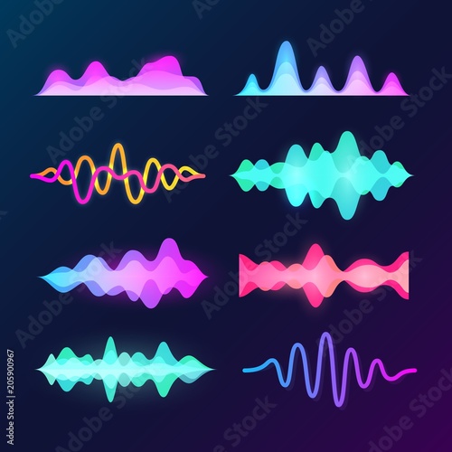 Bright color sound voice waves isolated on dark background. Abstract waveform, music pulse and equalizer wave vector set