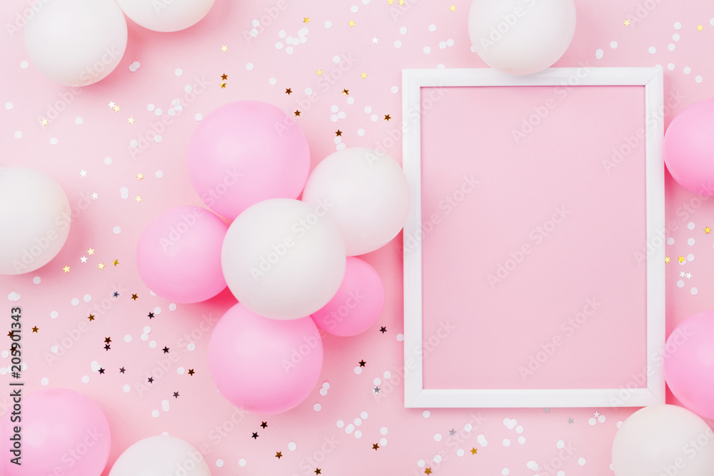 Birthday mockup with frame, pastel balloons and confetti on pink table top view. Flat lay composition. - obrazy, fototapety, plakaty 