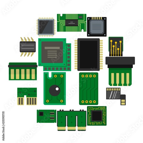 Computer chips icons set in flat style isolated vector illustration