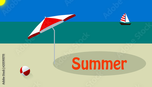 Summer poster with a representation of the beach with the sand, the sun and the sea, and some typical objects like a ball, a boat and an umbrella whose shade is the sign.