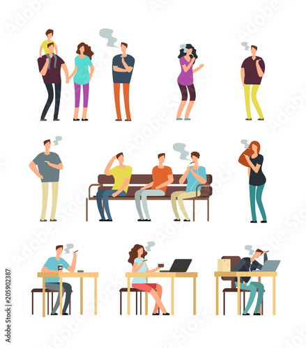 Passive cigarette smoking, smoke pollution. Unhealthy people smokers cartoon minimal characters set