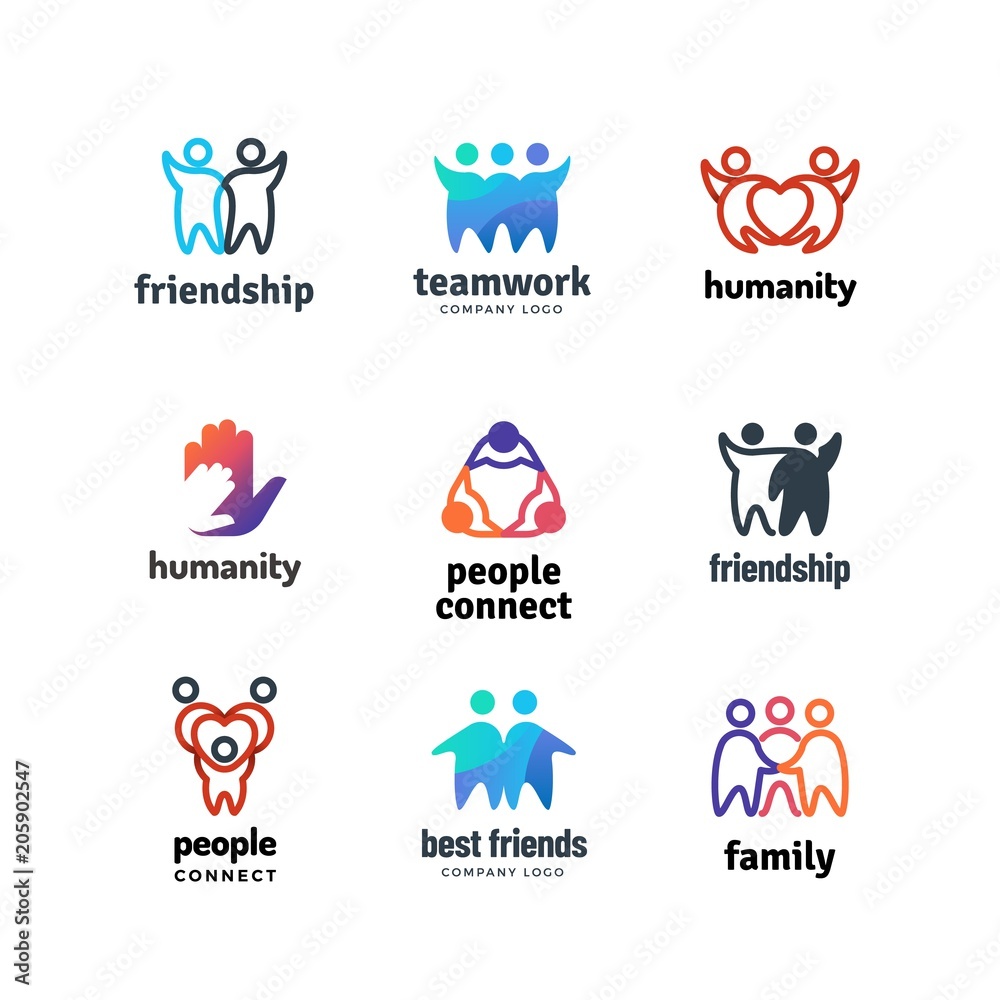 Friendship community friendly team people together cooperation vector logo set