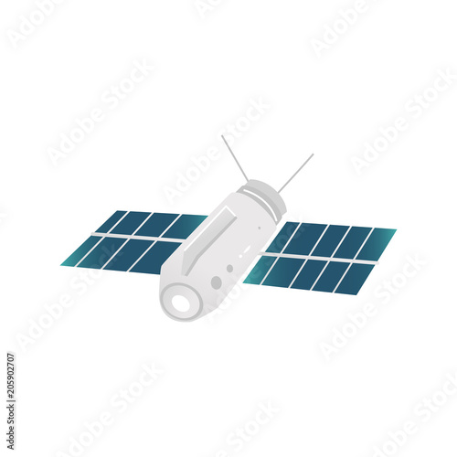 Artificial human-made satellite with solar battery, antennas icon. Cosmic, space communication technology, broadcast connection tool. Vector cartoon illustration