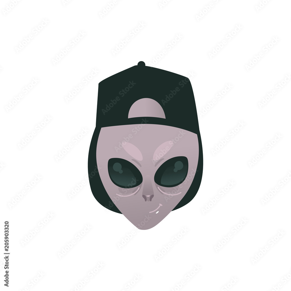 Friendly alien head in human cap - extraterrestrial humanoid smiling face  with big deep black eyes isolated on white background. Cartoon vector  illustration of UFO inhabitant Stock Vector | Adobe Stock