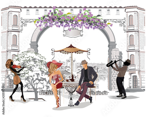 Series of the street cafes with people, men and women, in the old city, vector illustration. Romantic couple.