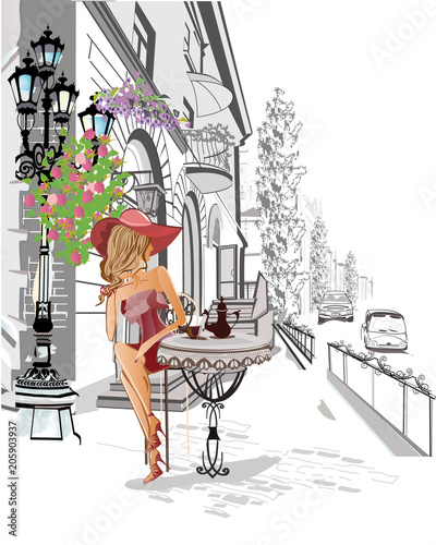 Series of the street cafes with people, men and women, in the old city, vector illustration. Girl in a red hat.