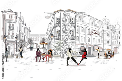 Series of the street cafes with people, men and women, in the old city, vector illustration. Salsa dancers. 