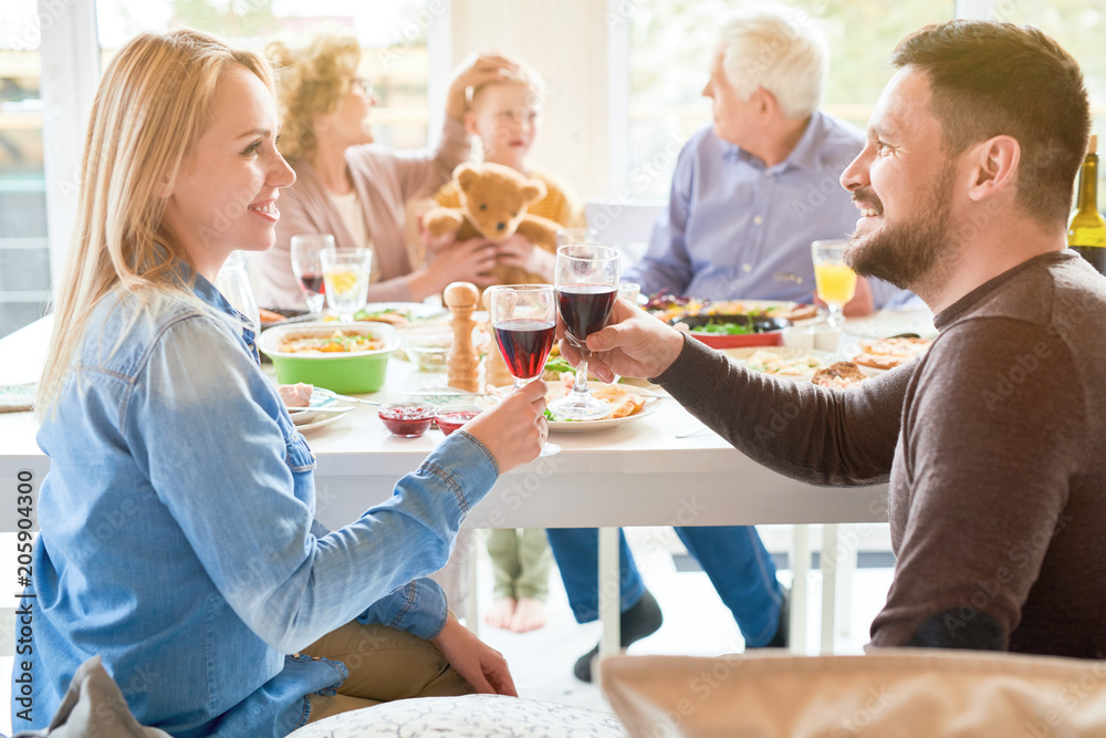 Side view portrait of happy modern couple clinking wine glasses during family dinner in sunlight