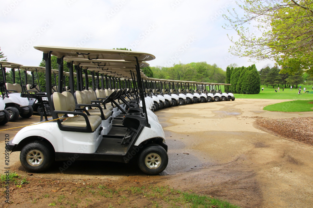 Leisure and outdoor activity background with a golf course. Spring landscape with cloudy blue sky over the green grass field and rows of carts at the golf course. Healthy lifestyle concept.