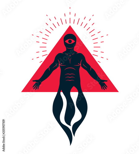 Mason vector illustration created as muscular human composed with burring flame and red triangle with all-seeing eye. Religion and theology concept.