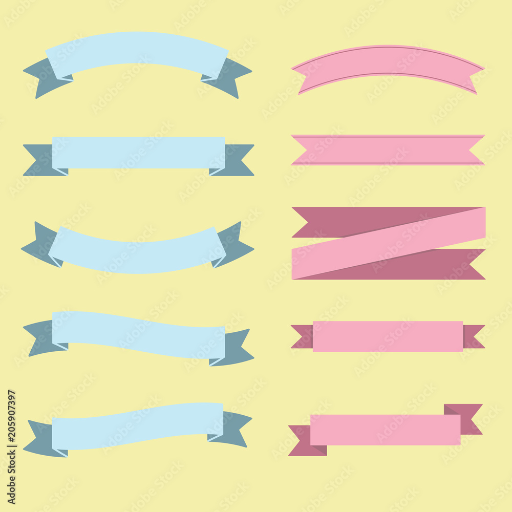 Set of blue and red ribbons in flat style. Vector banners