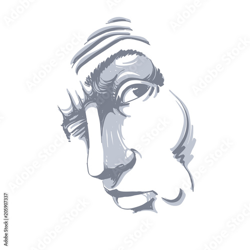 Vector drawing of drunk man or gambler with wrinkles on his forehead. Black and white portrait of tricky guy, mask with features.