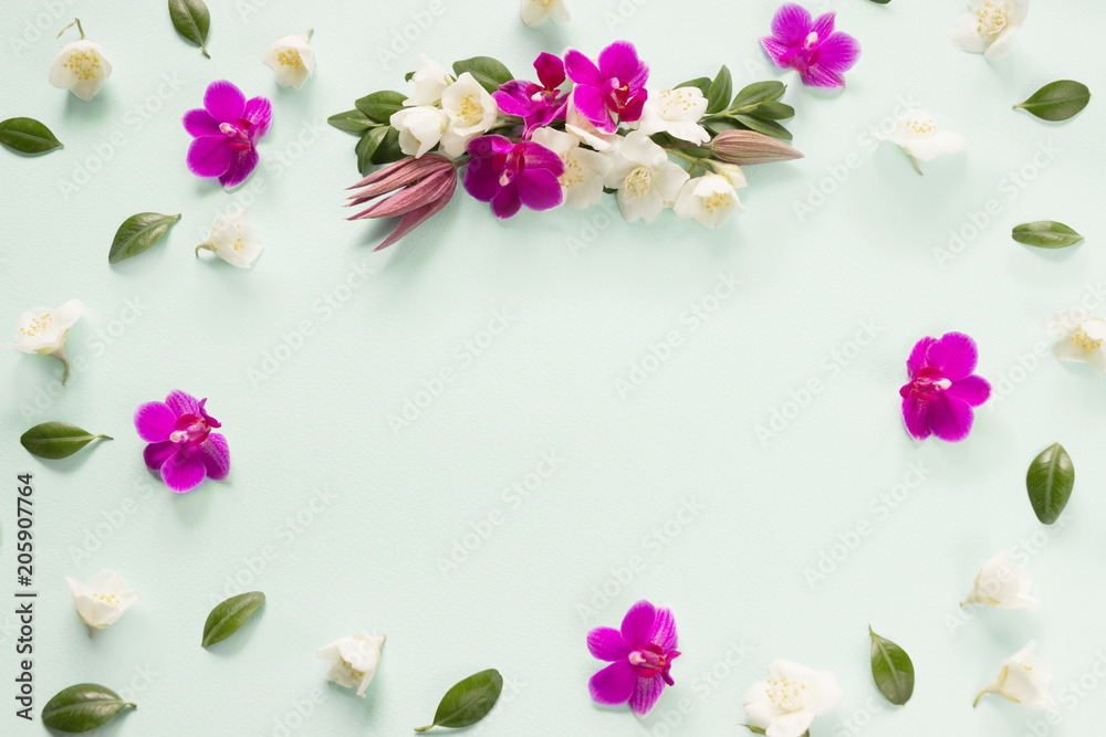 Floral pattern.Flowers of orchid and jasmine on green background top view Floral pattern.Flowers of orchid and jasmine on green background top view