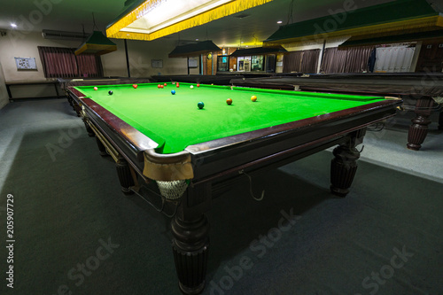 Obraz na płótnie Snooker table with Multicolor snooker balls on green in the club