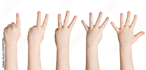 Set of white child hands showing figures, counting