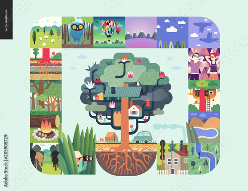 Simple things - forest set on a mint background - flat cartoon vector illustration of hunter, trees, firewood, forest, roots, sheep, owl, air balloons, mountains, birds, date, lake, map - composition
