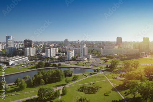 Obraz na płótnie Aerial view on a city center of Minsk cityand Svisloch River, Minsk, Belarus