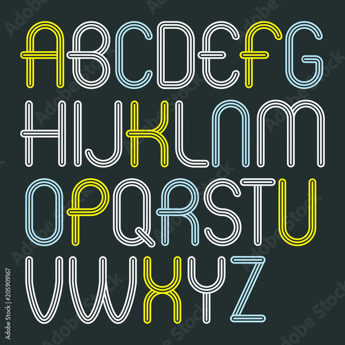 Set of disco vector upper case English alphabet letters isolated. Funky rounded font, typescript for use in logo design. Created using geometric triple stripes.
