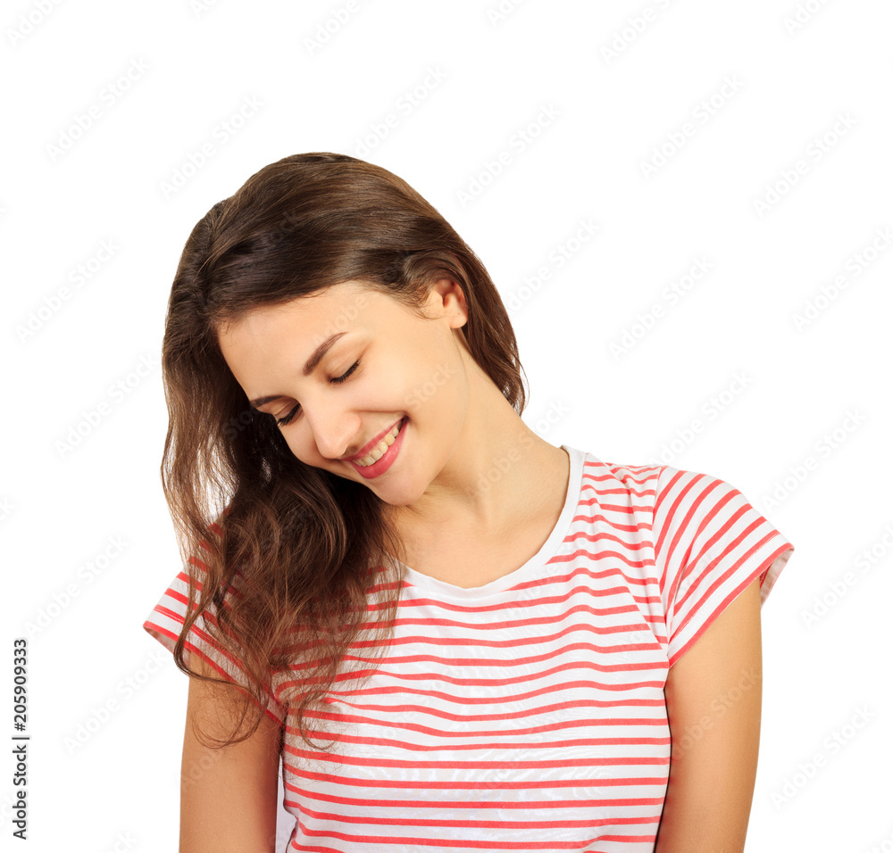 Portrait of young cheerful woman embarrassed girl. emotional girl isolated on white background Portrait of young cheerful woman embarrassed girl. emotional girl isolated on white background