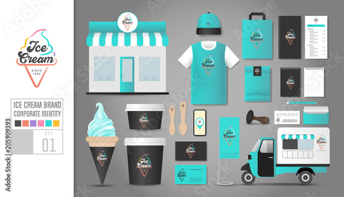 Corporate identity template Set 1. Logo concept for ice cream shop, restaurant. Realistic mock up template set of shop, car, t shirt, cap, cup, menu, rubber stamp, coupon, package, mobile application.