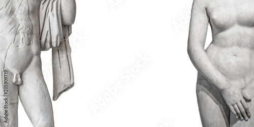 Streamer with marble body lines of young naked Roman woman and man in unity at white background