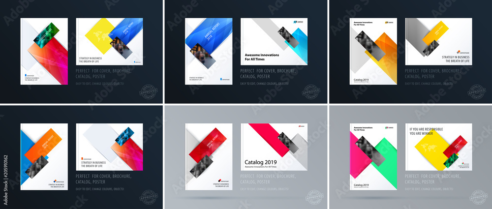 Brochure design rectangular template. Colourful modern abstract set, annual report with shapes for branding.