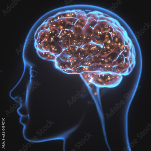 Fototapeta Naklejka Na Ścianę i Meble -  X-ray of the head and human brain in concept of neural connections and electrical pulses. Sparkles inside the brain. Powerful mind.