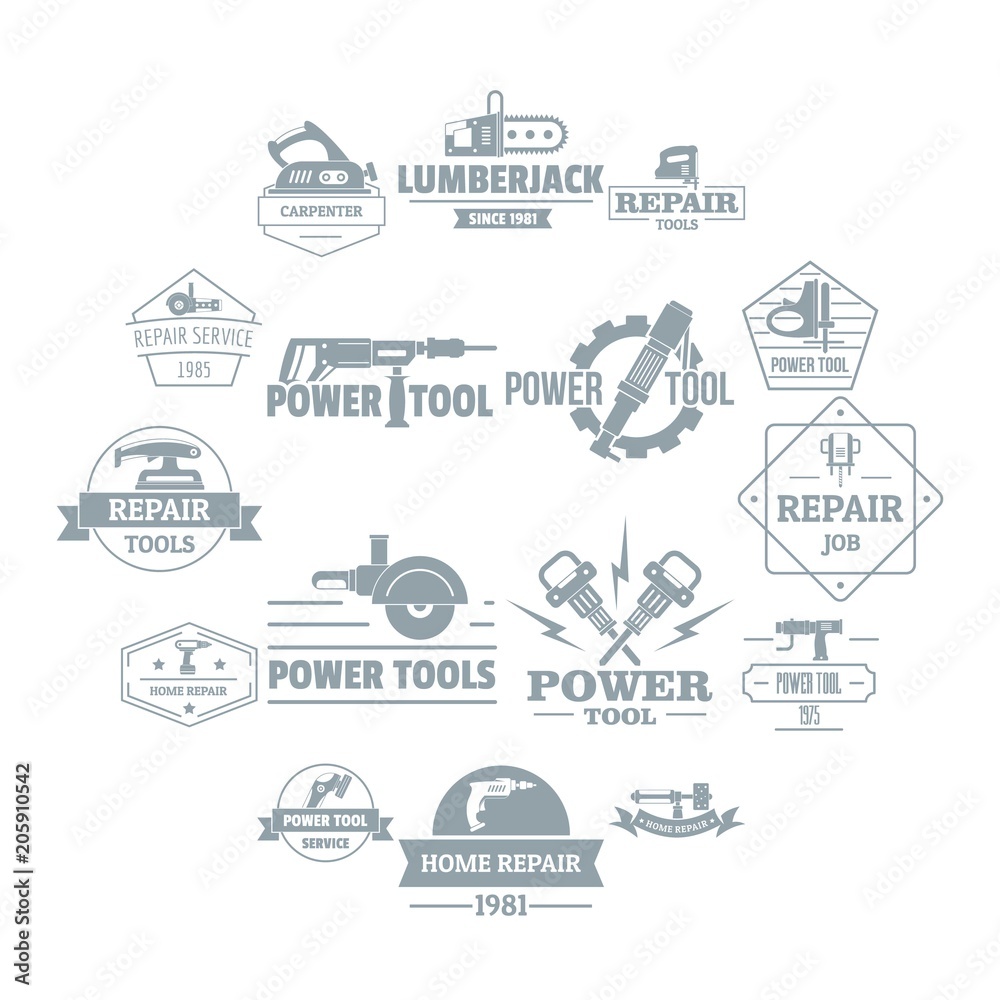 Electric tools logo icons set. Simple illustration of 16 electric tools logo vector icons for web
