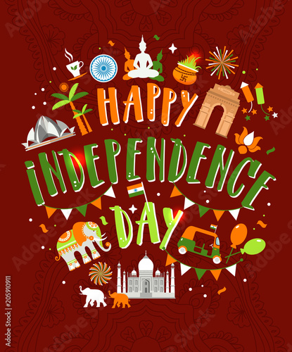 Vector illustration of Famous monument of India in Indian background for 15th August Happy Independence Day of India photo