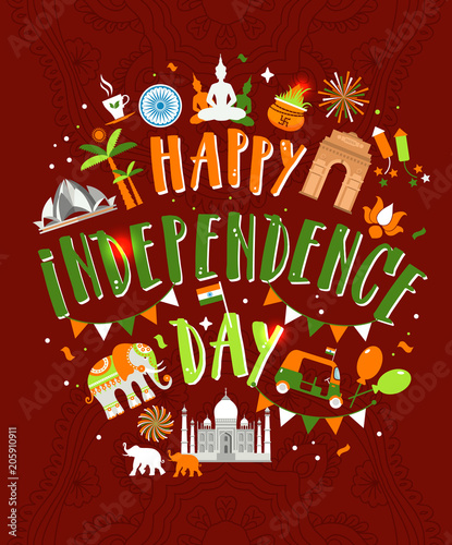 Vector illustration of Famous monument of India in Indian background for 15th August Happy Independence Day of India