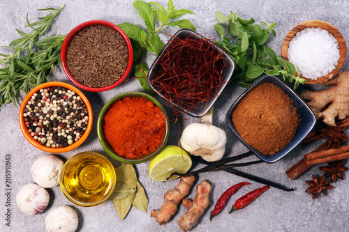 Spices and herbs on table. Food and cuisine ingredients.