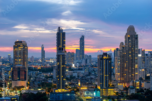 Bangkok City - Aerial view beautiful sunset Bangkok city downtown skyline of Thailand , cityscape at night , landscape Bangkok Thailand