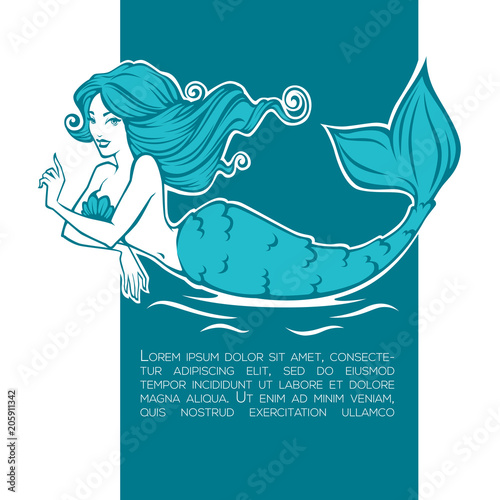 underwater  beautiful mermaid, girl cartoon image for your label, emblem, flyer
