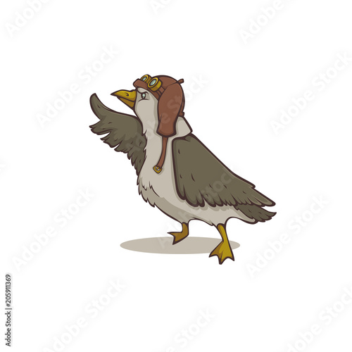 Brave seagull, cartoon steampunk bird illustration for your logo, label, emblem, mascot