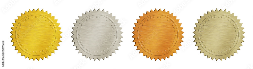 Gold and silver brushed metal badges over white