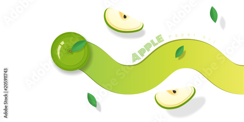 Fresh green apple fruit background in paper art style , vector , illustration
