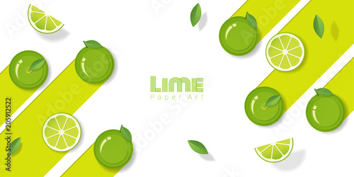 Fresh lime fruit background in paper art style , vector , illustration
