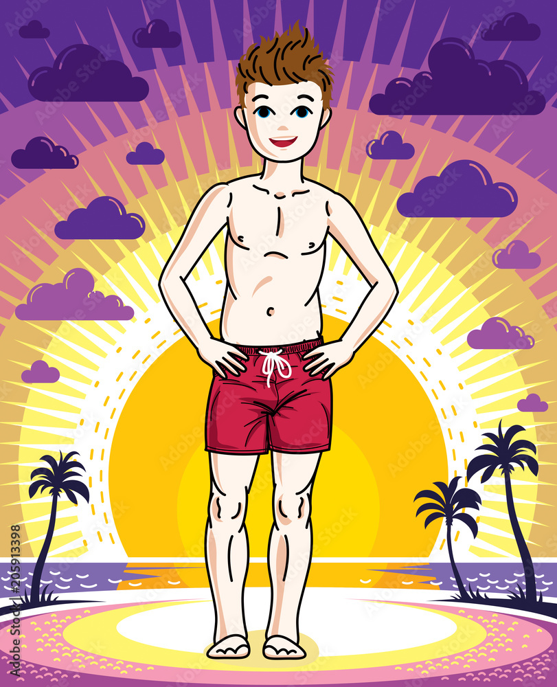 Cute happy young teen boy posing wearing fashionable beach shorts. Vector beautiful human illustration. Childhood lifestyle clipart.